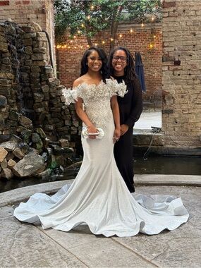 Off-Shoulder Silver Sequin Prom Gown with Floral Appliqué
